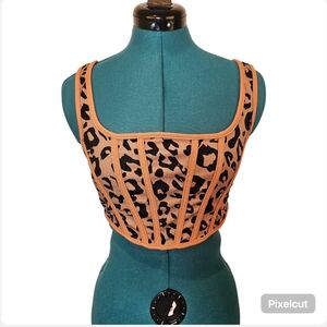 SHEIN tan and black corset look cheetah print stretch jersey crop top size 4 US